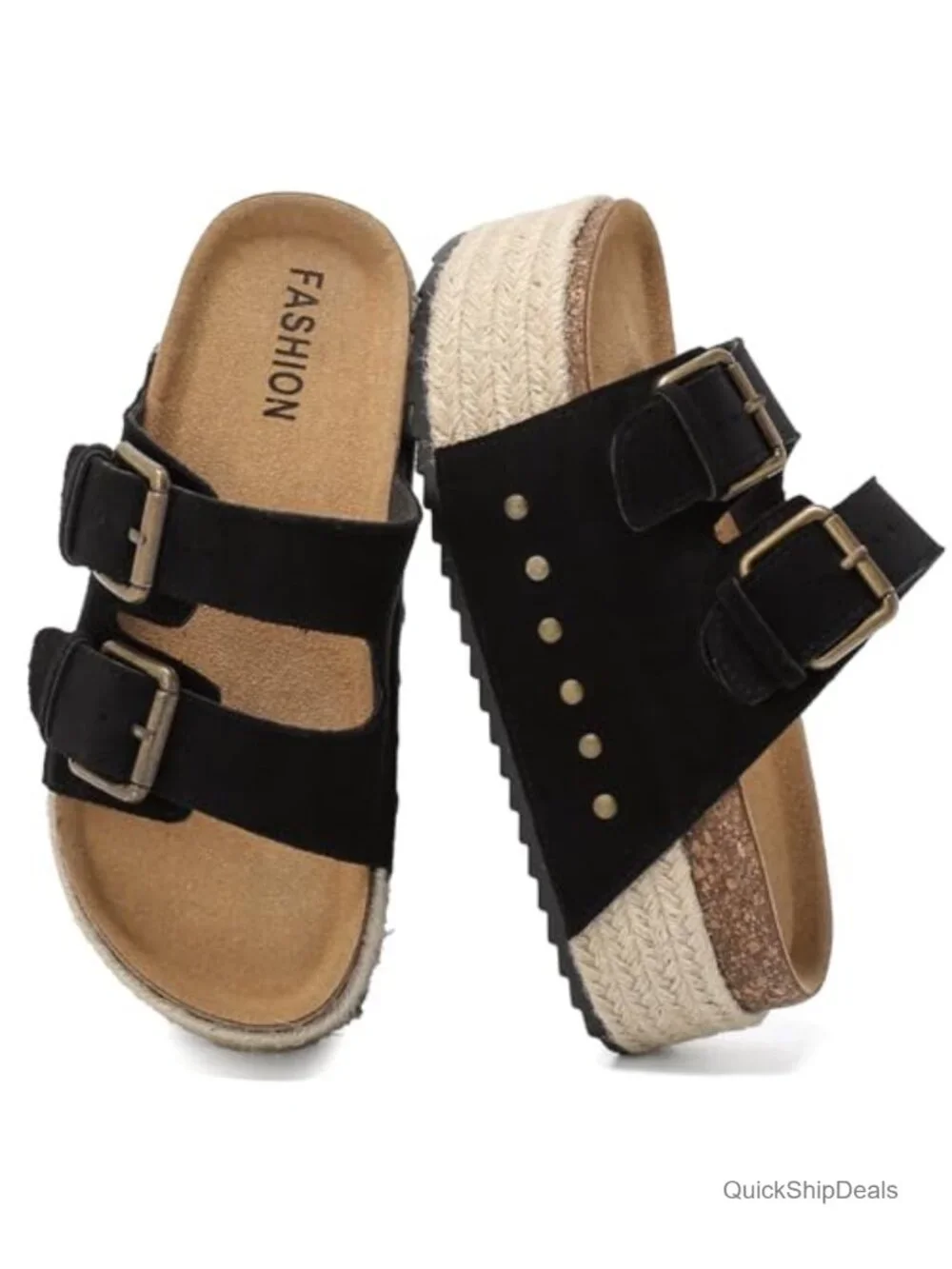Women's Platform Sandals Cork Footbed Double Buckles Non-slip Espadrilles